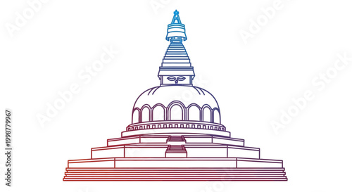 Buddhist Stupa Outline Drawing, Gradient Colors, Spiritual Architecture, Religious Landmark