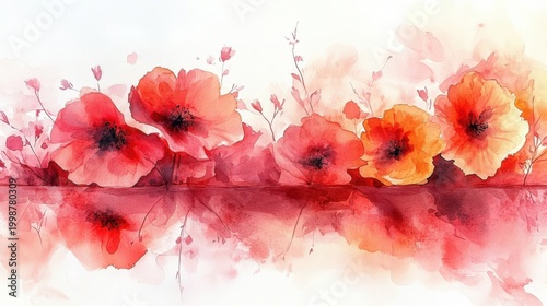 Watercolor painting of vibrant red orange poppies reflected in water with a soft white background
