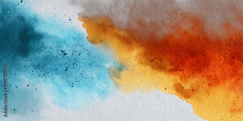 Abstract watercolor design with an interplay of fiery orange and serene blue hues, creating a visually dynamic composition, with blended textures. 