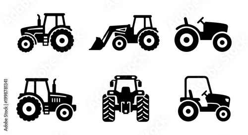 Schilderij op canvas Set of 6 Black Tractor Icons, Agricultural Machinery Vector Graphics, Farm Vehic