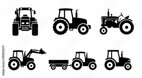 Foto Set of 6 Black Tractor Icons, Farm Vehicle Silhouettes, Agricultural Machinery V