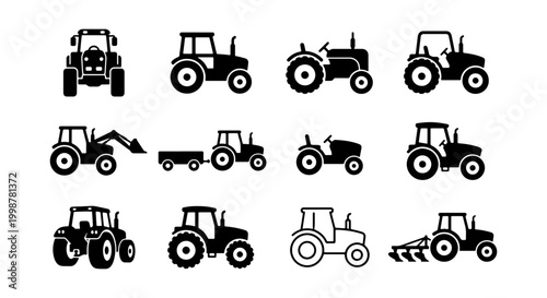 Tableau sur toile Diverse Tractor Icons Collection, Agricultural Machinery Vector Set, Farming Veh
