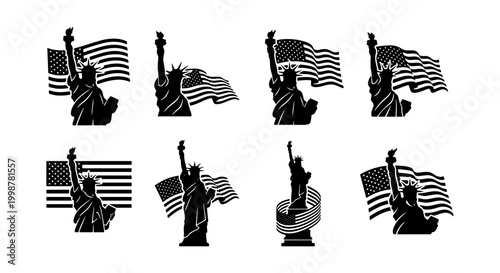 Tableau sur toile Statue of Liberty and American Flag Silhouette Set - USA Patriotic Symbols for I