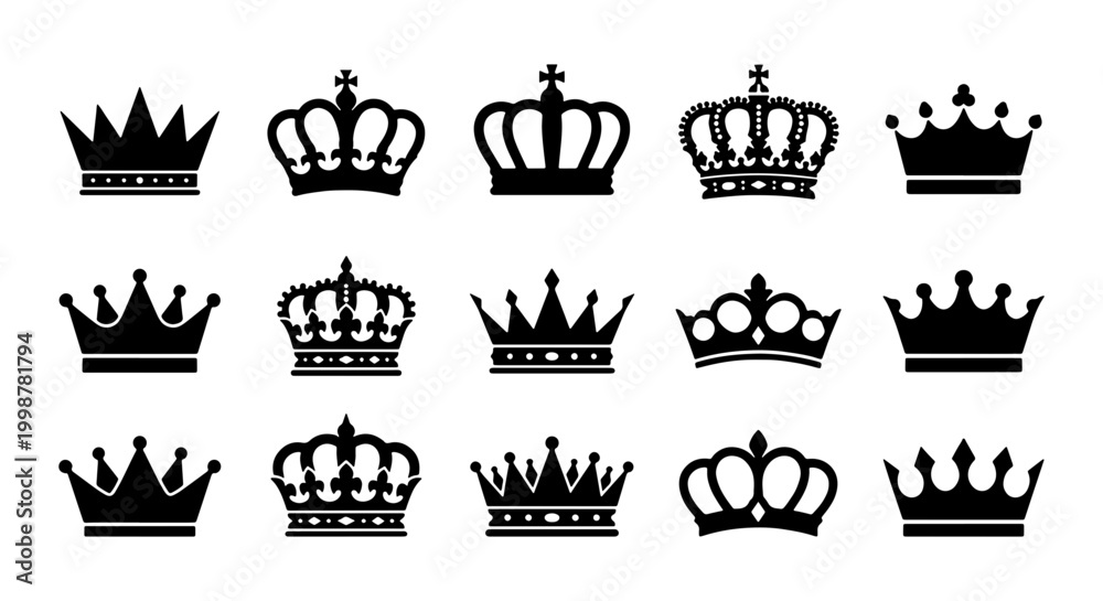 Naklejka premium Premium Royal Crown Silhouette Collection - Elegant King and Queen Tiara Vector Icons for Luxury Branding and Heraldry