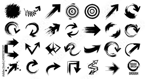 hand drawn arrow, grunge texture paint brush design, business arrows with different length and thickness hand drawn set. Graphic modern design elements.