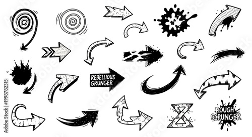 hand drawn arrow, grunge texture paint brush design, business arrows with different length and thickness hand drawn set. Graphic modern design elements.