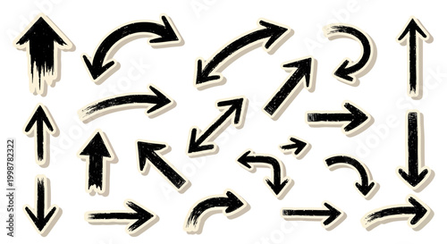 hand drawn arrow, grunge texture paint brush design, business arrows with different length and thickness hand drawn set. Graphic modern design elements.