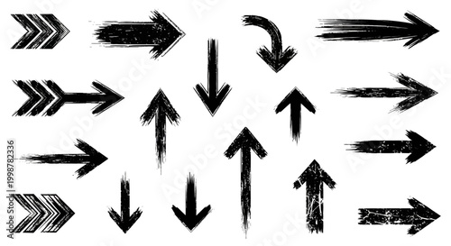 hand drawn arrow, grunge texture paint brush design, business arrows with different length and thickness hand drawn set. Graphic modern design elements.