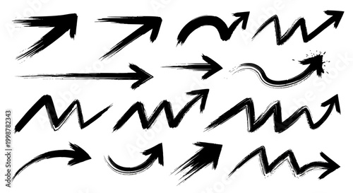 hand drawn arrow, grunge texture paint brush design, business arrows with different length and thickness hand drawn set. Graphic modern design elements.