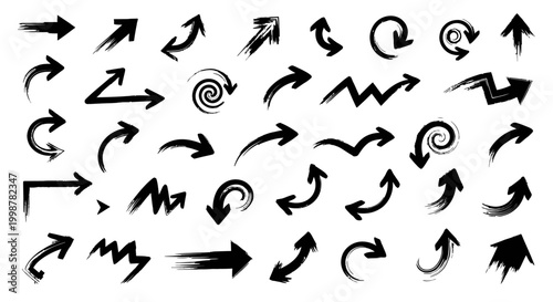 hand drawn arrow, grunge texture paint brush design, business arrows with different length and thickness hand drawn set. Graphic modern design elements.