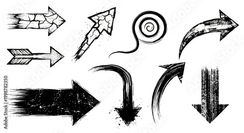 hand drawn arrow, grunge texture paint brush design, business arrows with different length and thickness hand drawn set. Graphic modern design elements.