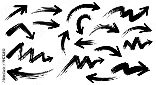 hand drawn arrow, grunge texture paint brush design, business arrows with different length and thickness hand drawn set. Graphic modern design elements.