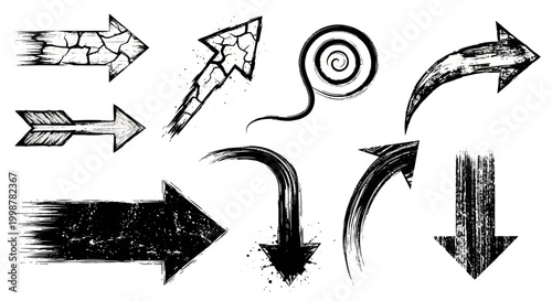 hand drawn arrow, grunge texture paint brush design, business arrows with different length and thickness hand drawn set. Graphic modern design elements.