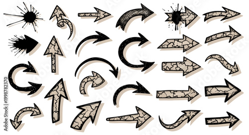 hand drawn arrow, grunge texture paint brush design, business arrows with different length and thickness hand drawn set. Graphic modern design elements.