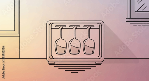 Three wine glasses with liquid inside, hanging upside down in a rack, minimalist illustration