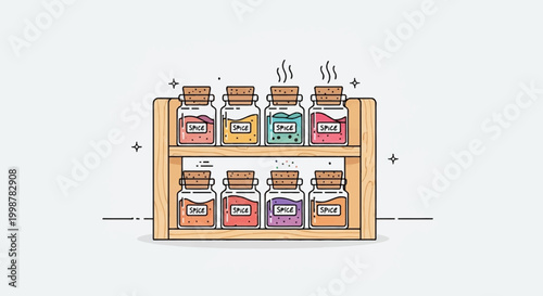 Fototapeta Spice Rack with Jars of Spices, Kitchen Decor, Culinary Ingredients, Food Seasoning
