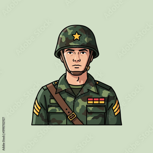 Illustration of a determined soldier in uniform with a serious expression.