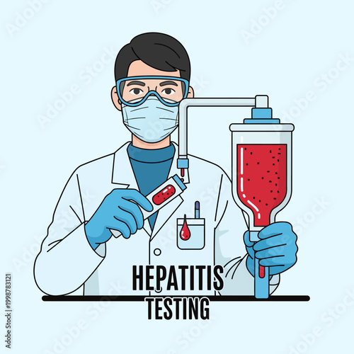 Medical professional conducting hepatitis testing with blood sample and equipment in a lab setting.