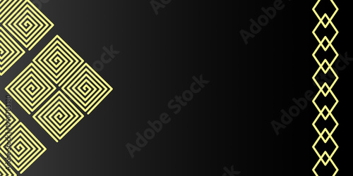 Elegant black gradient background with intricate golden geometric ethnic border pattern, traditional ornamental motif, luxury decorative frame design, Asian inspired textile style