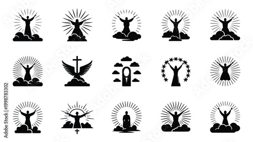 Collection of 15 ascension day religious symbols and logos featuring stylized human figures with outstretched arms crosses wings and divine light rays emanating from behind them