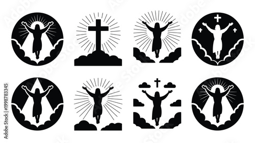 Ascension day christian religious icons set with jesus christ silhouette rising to heaven amidst rays of light and clouds symbolizing faith hope and divine power in a sacred