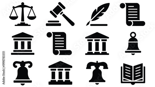Collection of black flat vector icons representing law justice and government symbols including scales gavel feather pen scroll courthouse and liberty bell for legal concepts