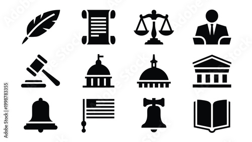 Collection of flat vector silhouette icons representing law justice government and education including a quill scroll scales of justice judge gavel capitol building courthouse