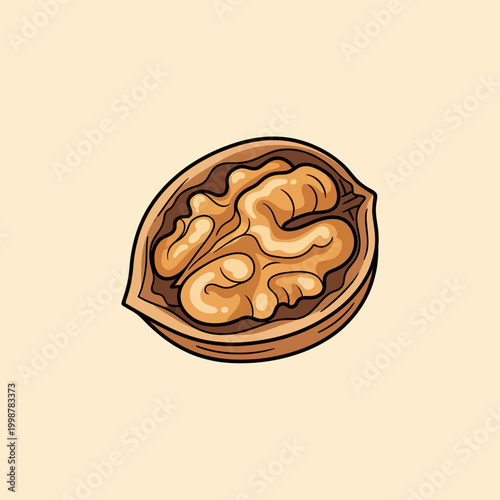 Illustration of a cracked walnut with the nut meat visible on a beige background.
