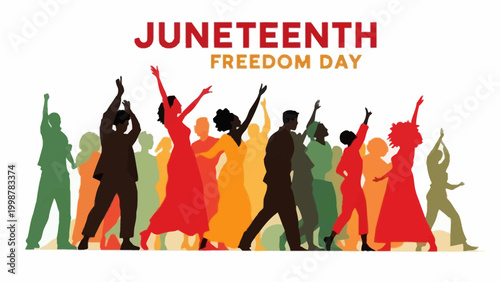 People celebrate Juneteenth Freedom Day with dancing and raised arms in a festive scene