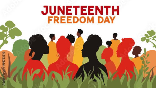 People celebrate Juneteenth Freedom Day with silhouettes in grassy field