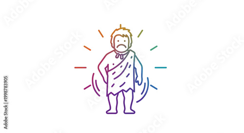 Sad caveman icon with rainbow aura, primitive man illustration, ancient human concept