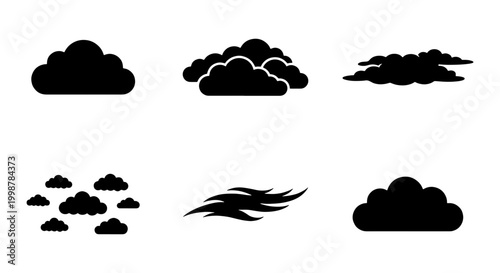 Tableau sur toile Set of 6 Black Cloud Icons, Vector Shapes for Weather Forecasts, Sky Illustratio