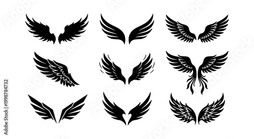 Foto Diverse Angel Wings Collection, Feathered Wing Silhouettes, Heraldic Symbols, Ve