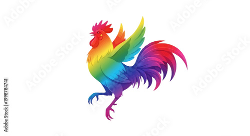 Rainbow Rooster Illustration - Vibrant Pride Bird with Colorful Wings and Tail