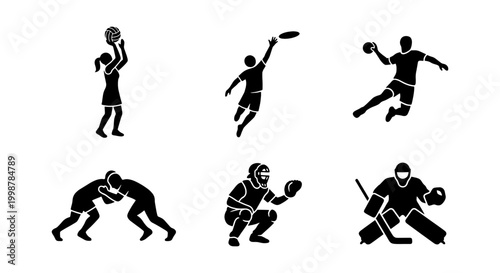 Photography Set of Sports Athlete Silhouette Icons featuring Netball Frisbee Handball Wrestl