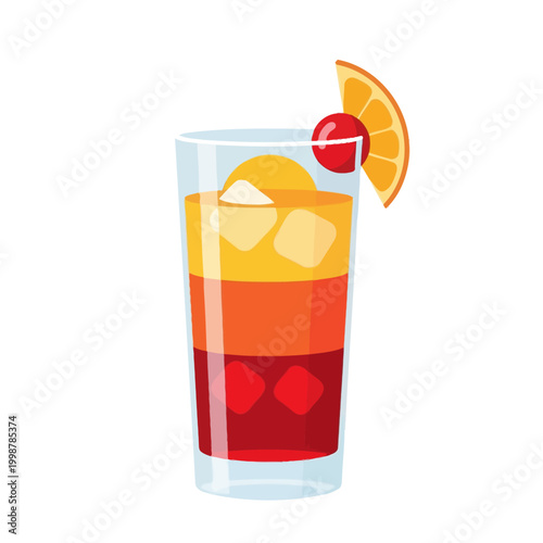 Vibrant layered cocktail with ice, orange slice, and cherry garnish