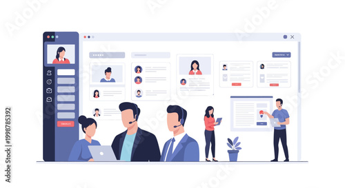 Team members and customer support agents working with a dashboard and profiles on a large screen