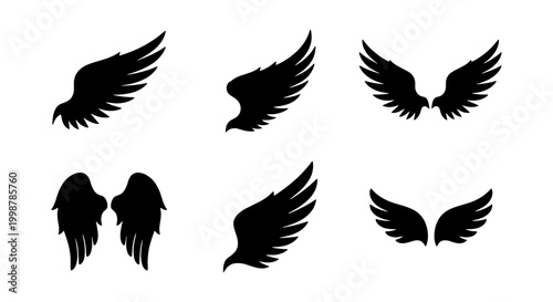 Obraz na płótnie Angel Wings Vector Icons Set, Black Silhouette Feathered Wings Collection, Heral