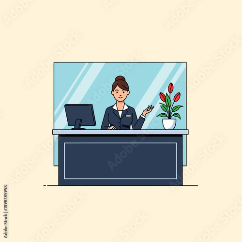 Friendly receptionist at the front desk of a modern office building, ready to assist.