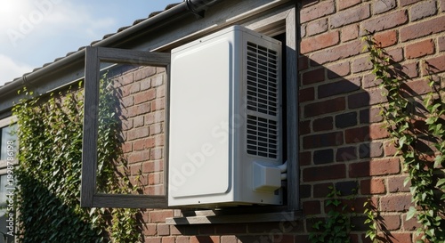 Modern Air Conditioner Installed in a Brick Wall Window.