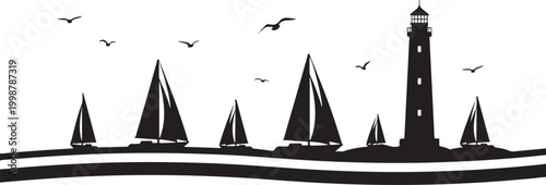 Nautical, sailboat, lighthouse, vector silhouette, black and white, coastal scenery, sailing icons