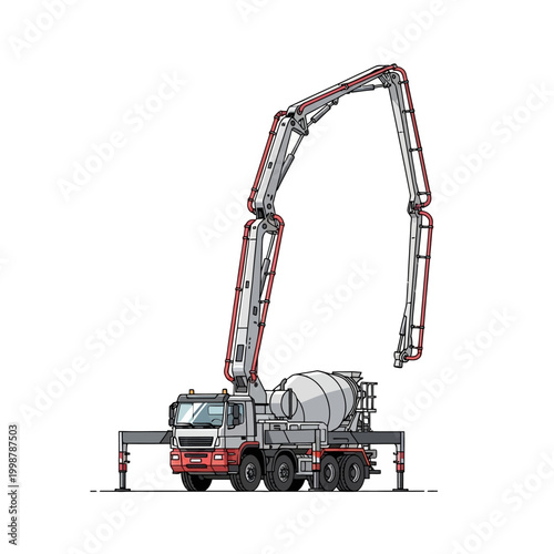 Concrete mixer truck with pump arm extended, construction equipment illustration