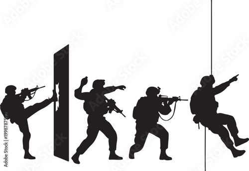 Silhouette military special forces, tactical team, black ops, combat icons, vector set