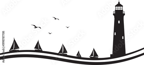 Nautical lighthouse, sailboats, seagulls vector silhouette, black icons, coastal landscape
