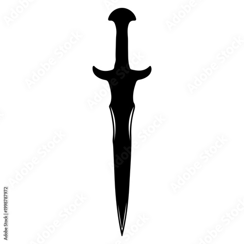 Silhouette of an ancient dagger with a curved hilt.
