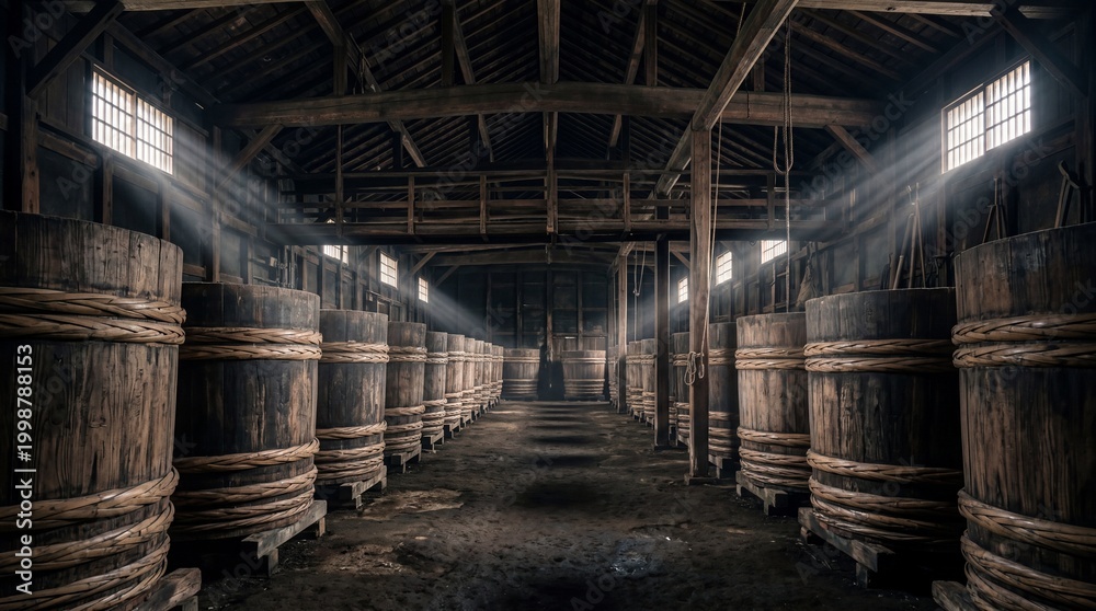 Obraz premium Rows of traditional wooden vats aging soy sauce inside a historic Japanese kura