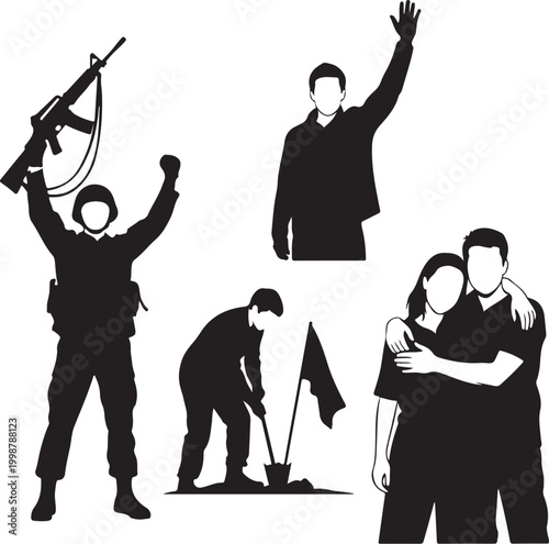 Revolution, protest, activism vector icons, black silhouettes, 5 people, flag planting, military, couple hug