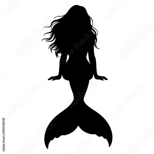 Silhouette of a beautiful mermaid with flowing hair and a large tail.