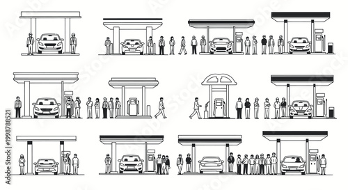 Crowded Gas Station Queue Line Art Illustration