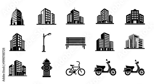 Urban City Buildings and Street Elements Icon Set